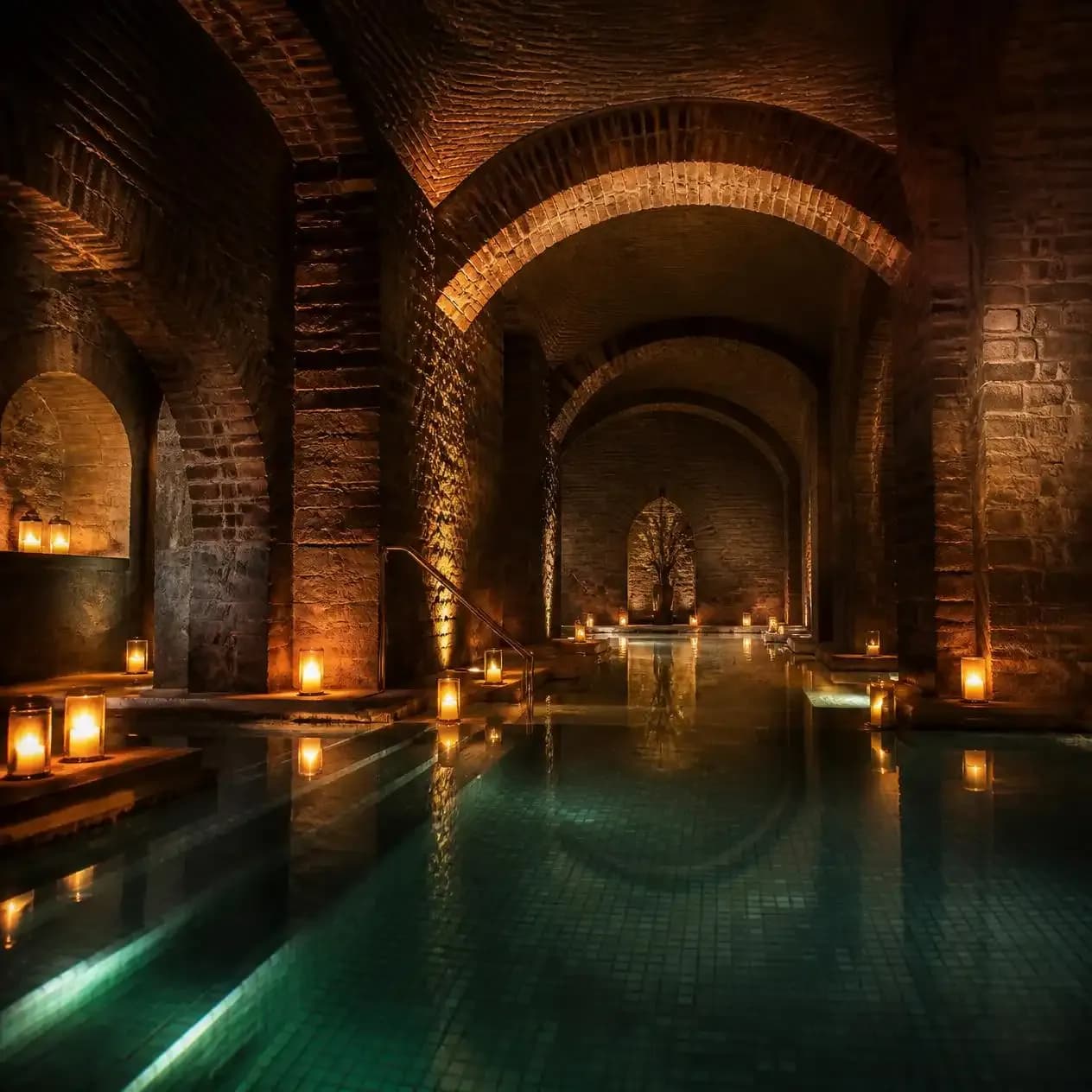 AIRE Ancient Baths London, candlelit underground spa interior with thermal pools, arched brick_compressed.webp