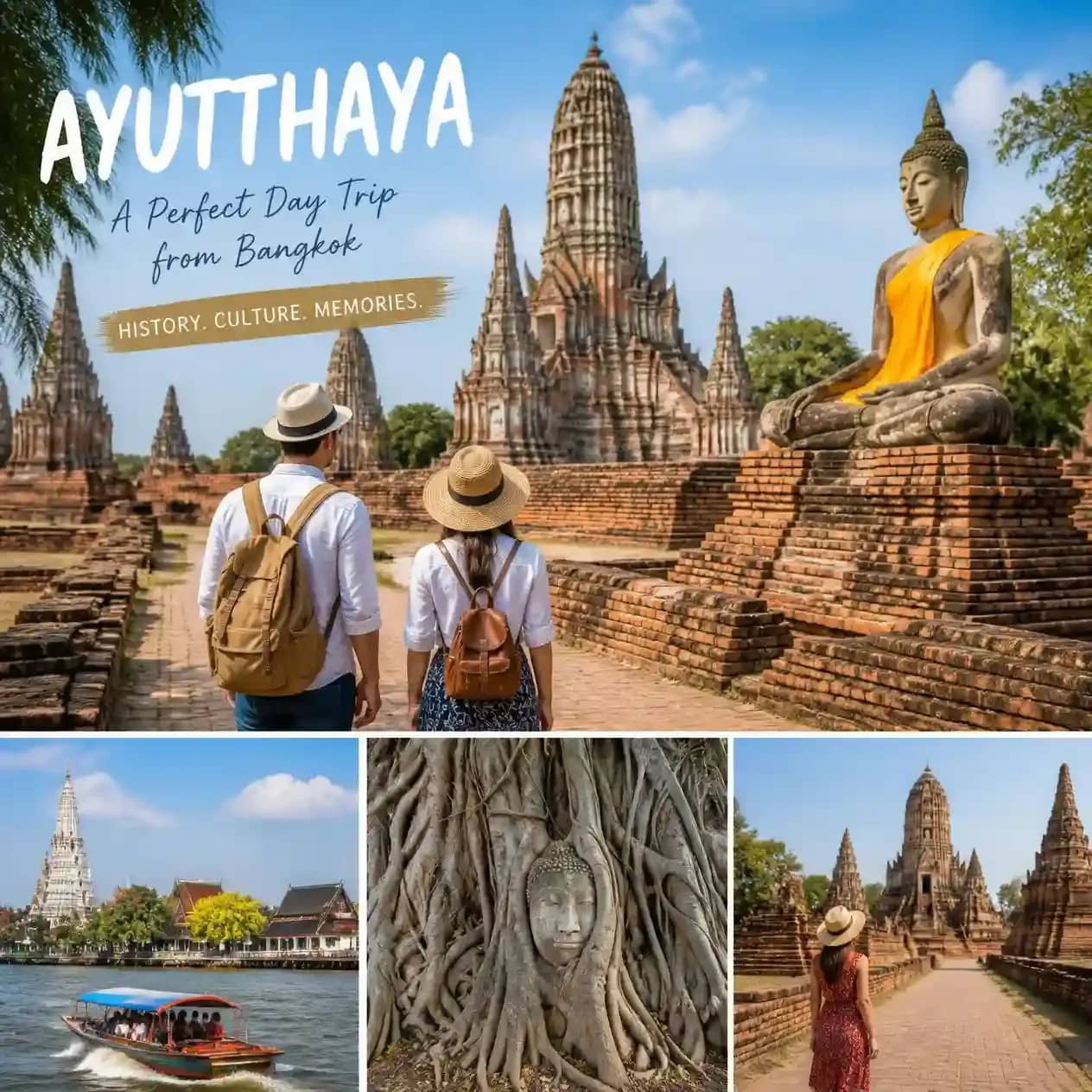 A scenic travel image of an Ayutthaya day trip from Bangkok, showing historic temple ruins, river_compressed.webp