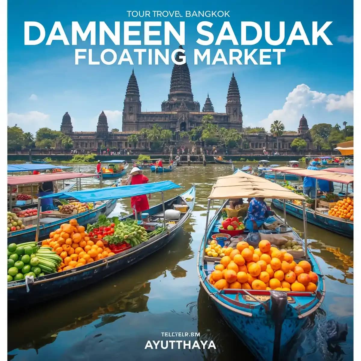 A travel poster-style image for a Damnoen Saduak Floating Market & Ayutthaya tour from Bangkok,_compressed.webp