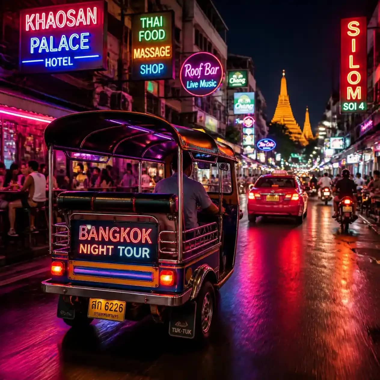 Bangkok tuk tuk night tour with a tuk tuk driving through neon-lit streets, glowing shop signs, lively_compressed.webp