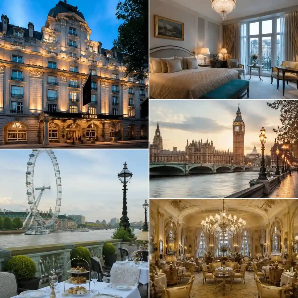 Best Hotels in London showcase without price list, featuring luxury hotel facades, elegant interiors, and iconic London landmarks_compressed.webp