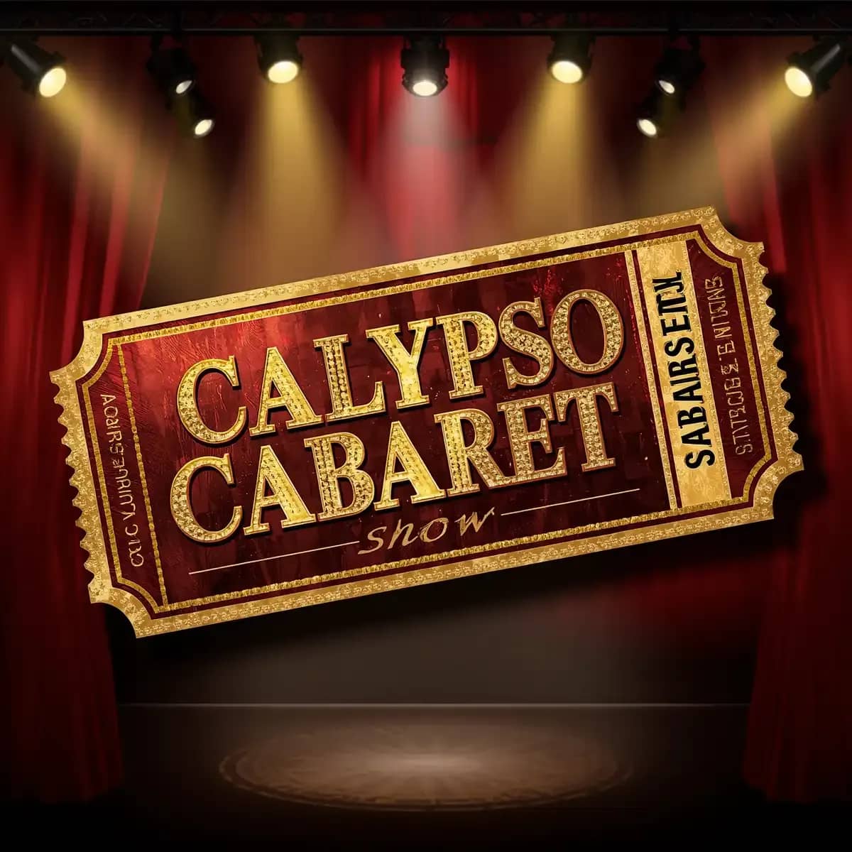 Calypso Cabaret show tickets, elegant event ticket design with cabaret theme, sequined and_compressed.webp