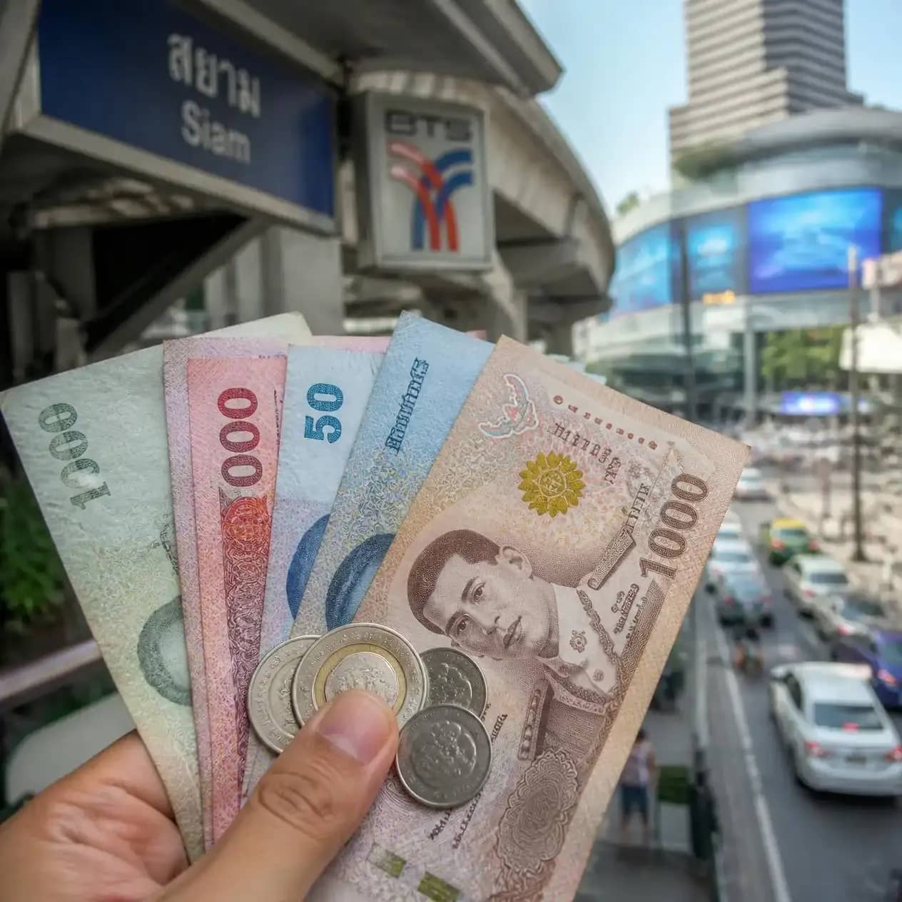 Currency in Bangkok, with Thai baht banknotes and coins, Bangkok_compressed.webp
