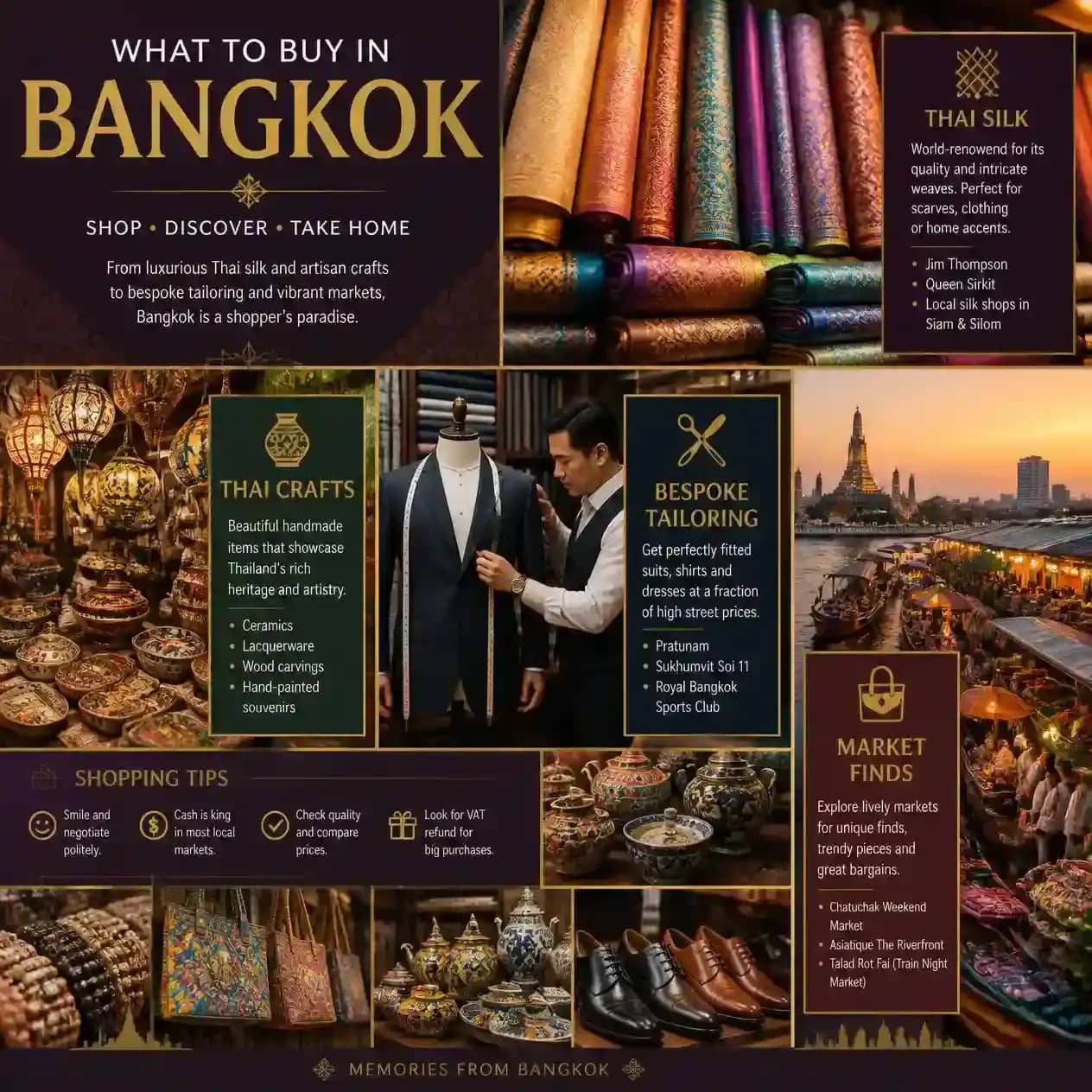 Guide-style image about what to buy in Bangkok, featuring Thai silk bolts, craft stalls, bespoke tailoring,_compressed_compressed.webp