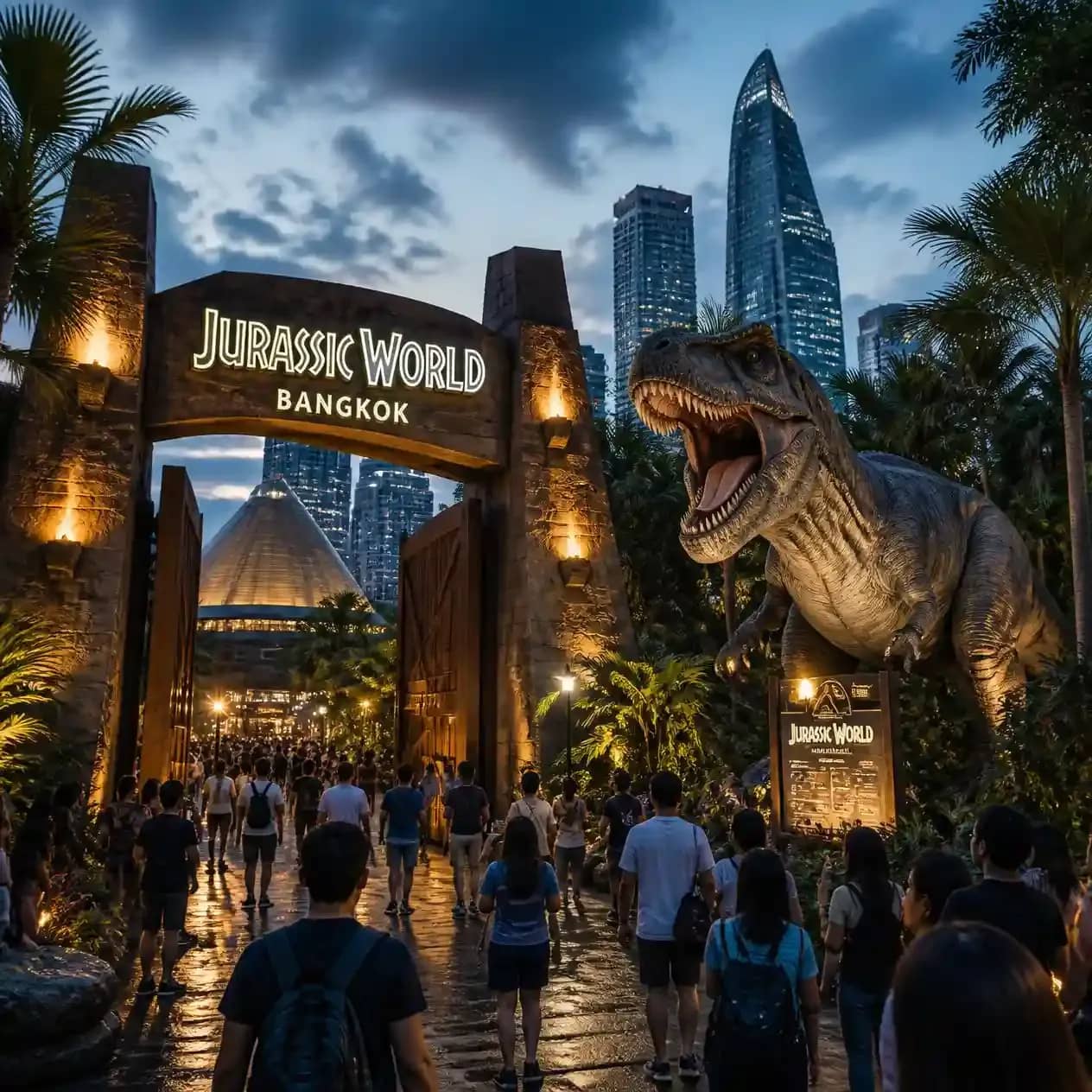 Jurassic World Bangkok, cinematic theme park scene in Bangkok, illuminated_compressed.webp