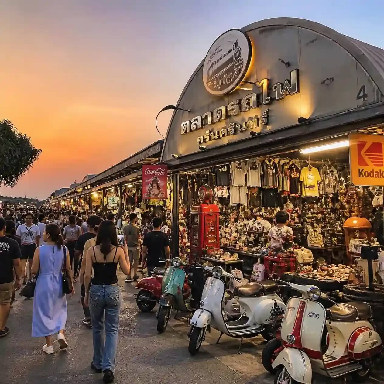 Talad Rot Fai Srinagarindra, the best flea market in Bangkok, with vintage stalls, retro signage, restored scoote_compressed.webp